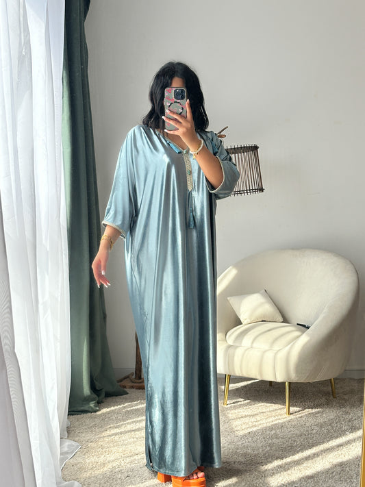 Robe d'hôtesse velours vert d'eau SAMAR