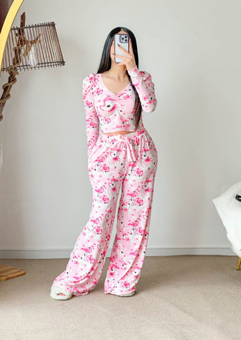 Pyjama crop-top super soft rose femme DEER