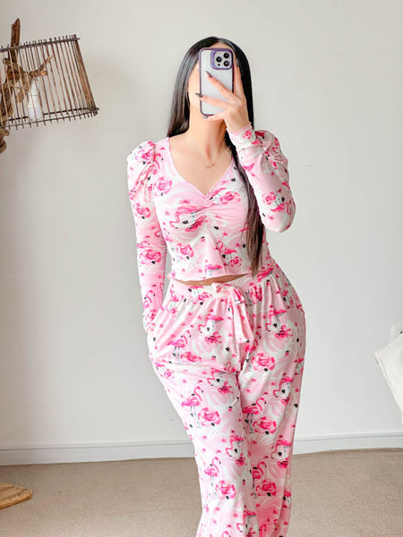 Pyjama crop-top super soft rose femme DEER