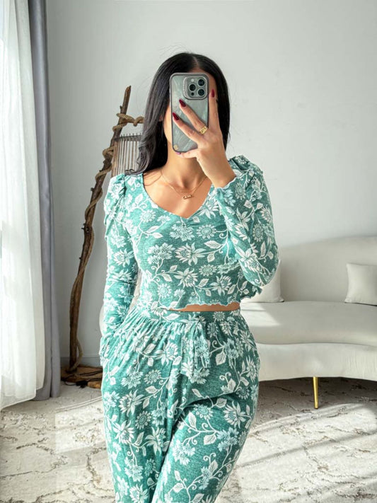 Pyjama crop-top bleu vert foncé a fleur blanc femme DEER