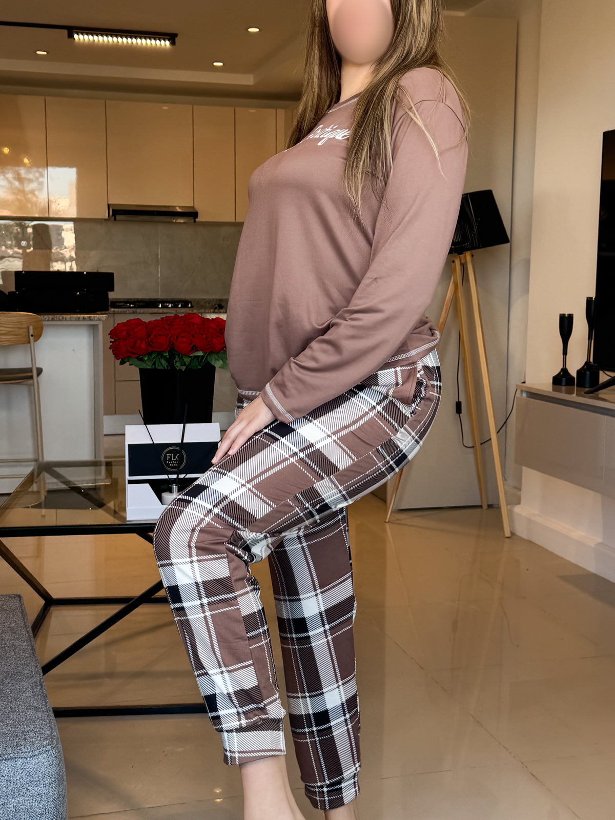 Pyjama manche long pantalon femme marron BONNY