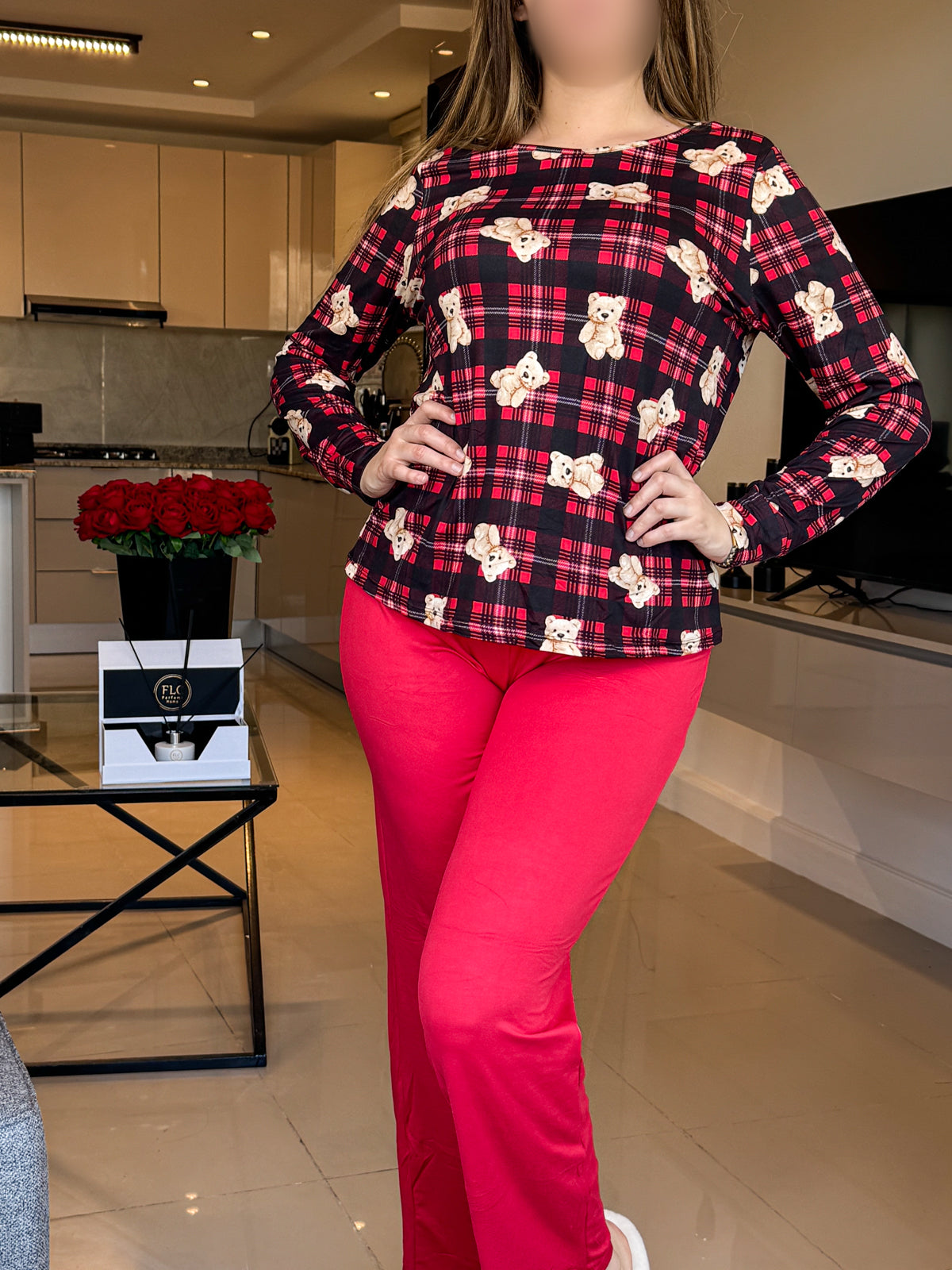 Pyjama manche long rouge pantalon femme motif bear HONIA