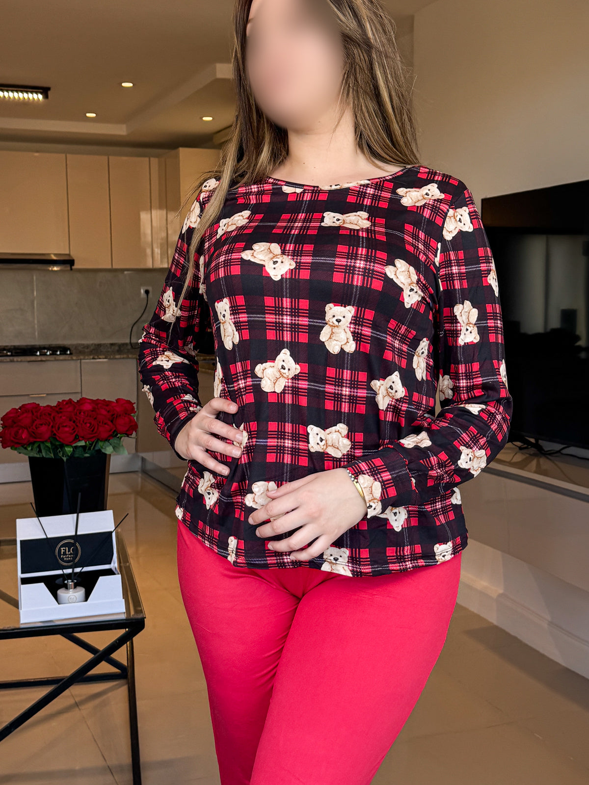 Pyjama manche long rouge pantalon femme motif bear HONIA