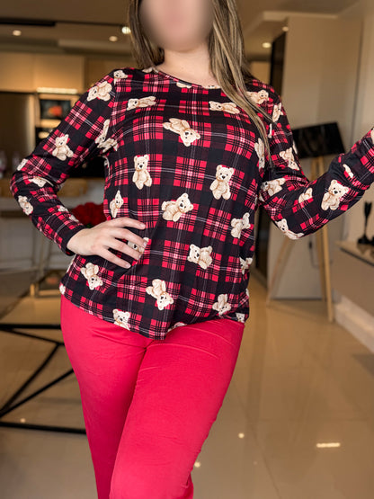 Pyjama manche long rouge pantalon femme motif bear HONIA
