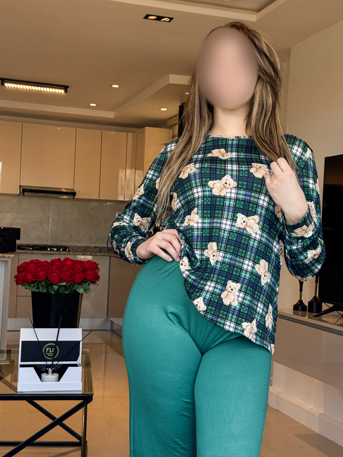 Pyjama manche long vert pantalon femme motif bear HONIA
