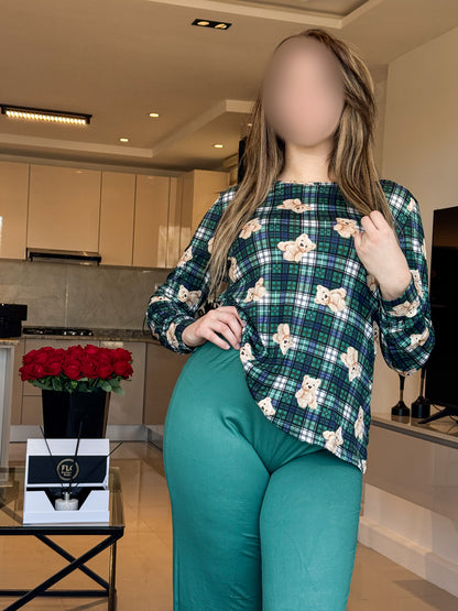 Pyjama manche long vert pantalon femme motif bear HONIA
