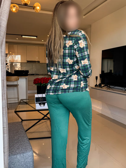 Pyjama manche long vert pantalon femme motif bear HONIA