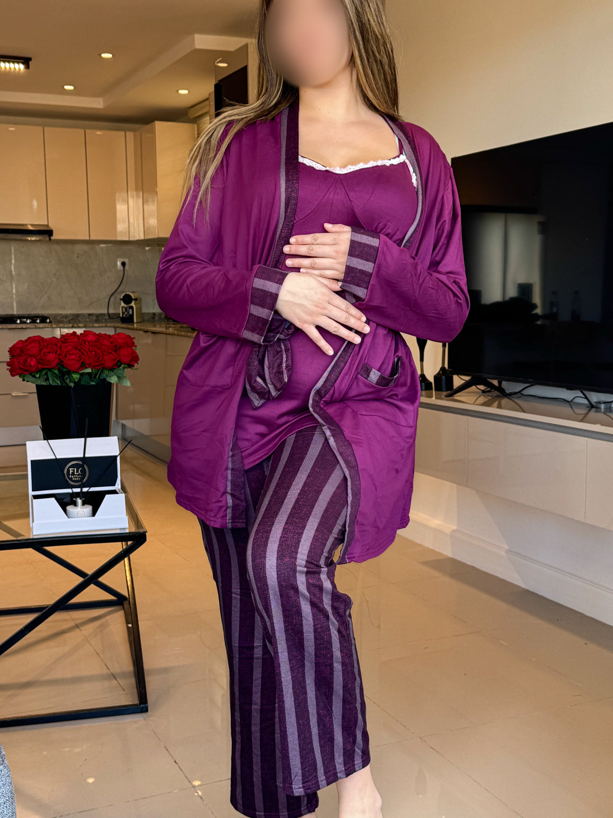 Enseble 3 pièces kimono bustier pantalon aubergine KAEN