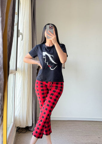 Pyjama demi-manche noir Pantalon rouge ELARA