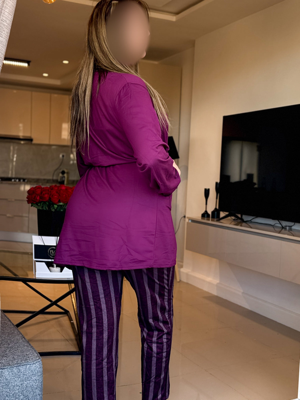 Enseble 3 pièces kimono bustier pantalon aubergine KAEN