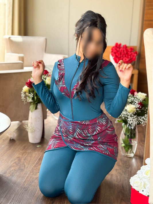 burkini 3 pièces combinaison vert motif rouge DORIAN
