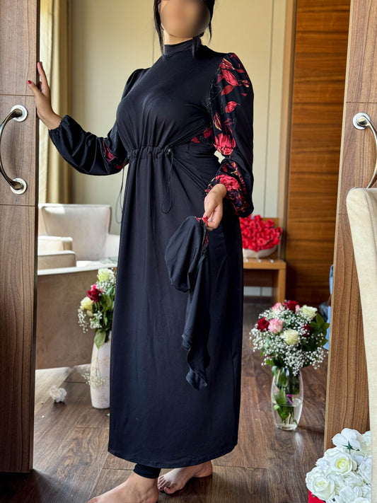 Burkini 3 pièces  noir à motif rouge TESSA