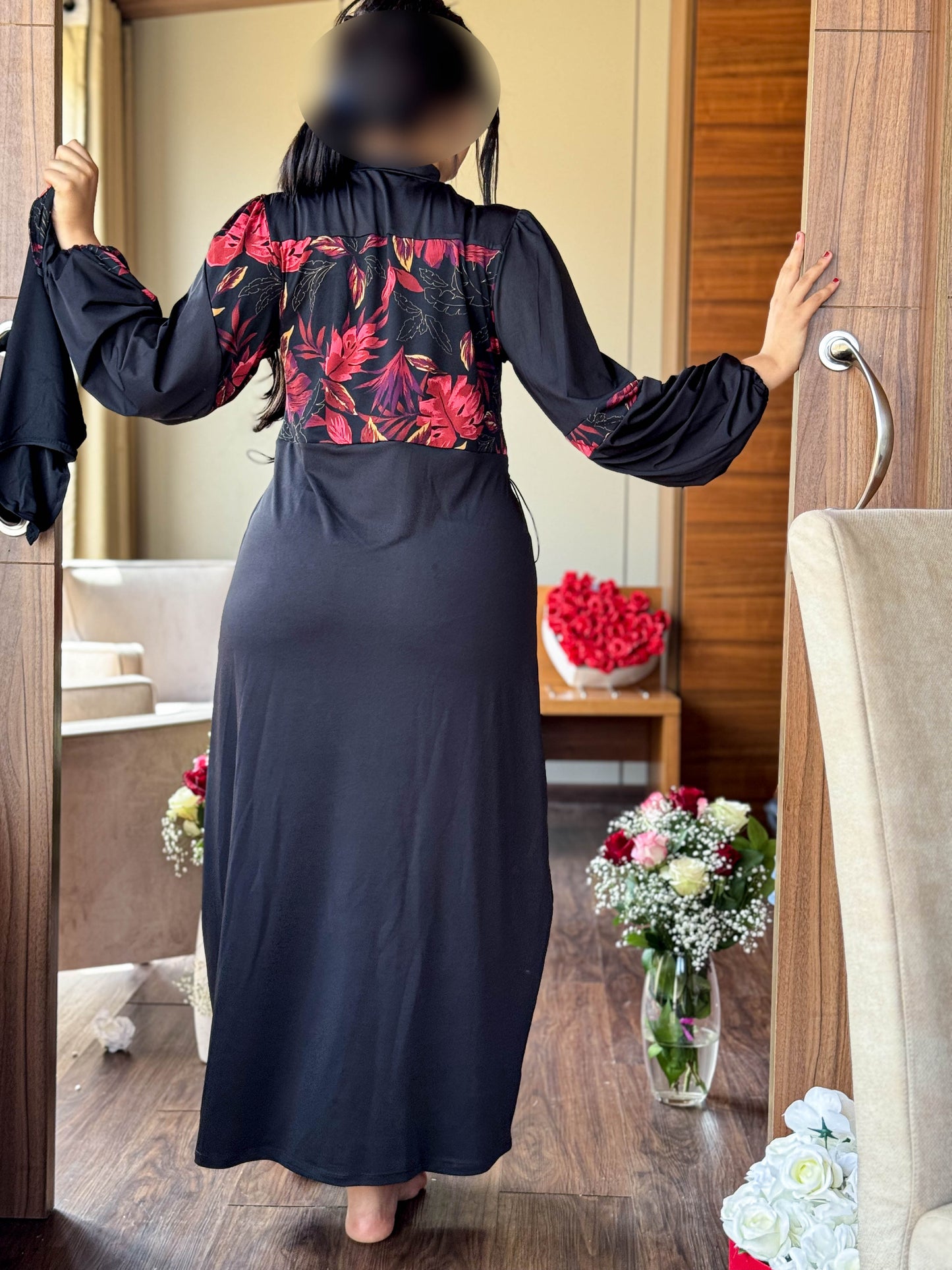 Burkini 3 pièces  noir à motif rouge TESSA