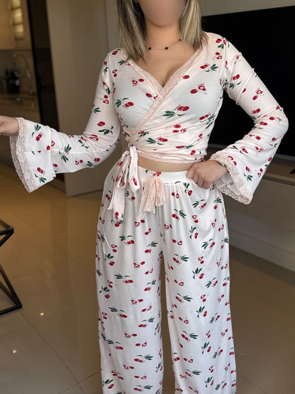 Ensemble Pilâtes manche long dentelle crevette a motif cerise PUDDING