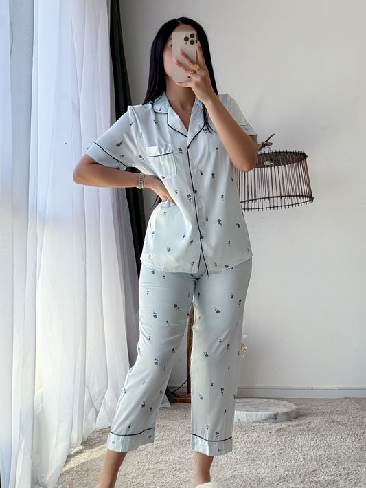 Pyjama demi manche FLOWER bleu DALIS