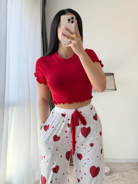 Pyjama crop-top femme rouge motif coeur ADRIANA