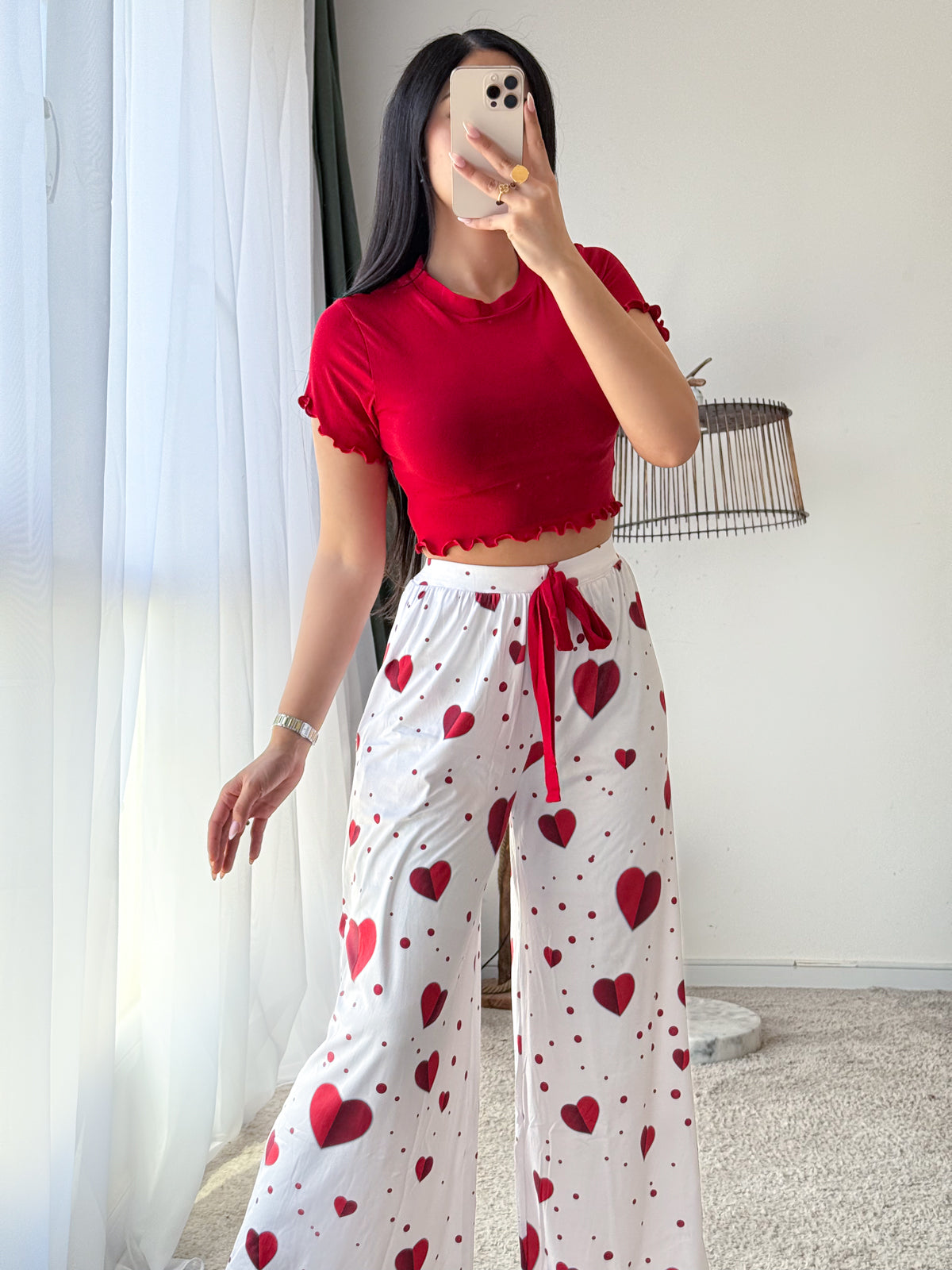Pyjama crop-top femme rouge motif coeur ADRIANA