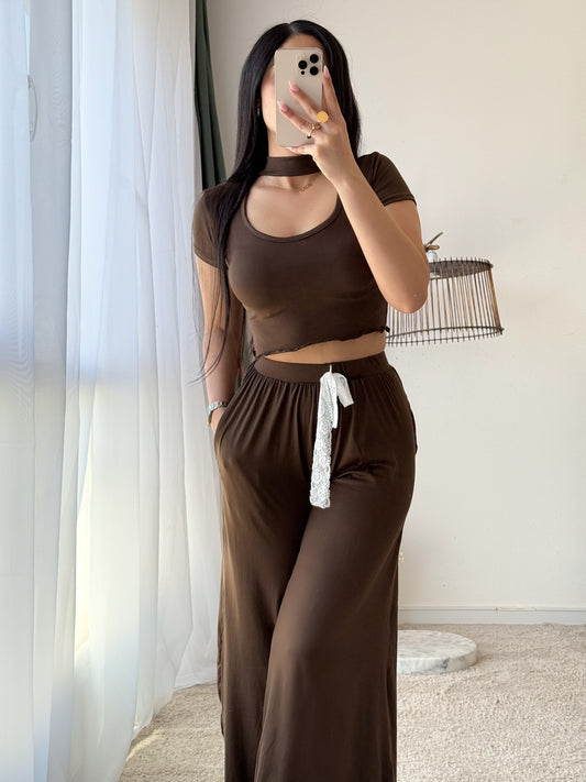 Pyjama crop-top marron femme GASP