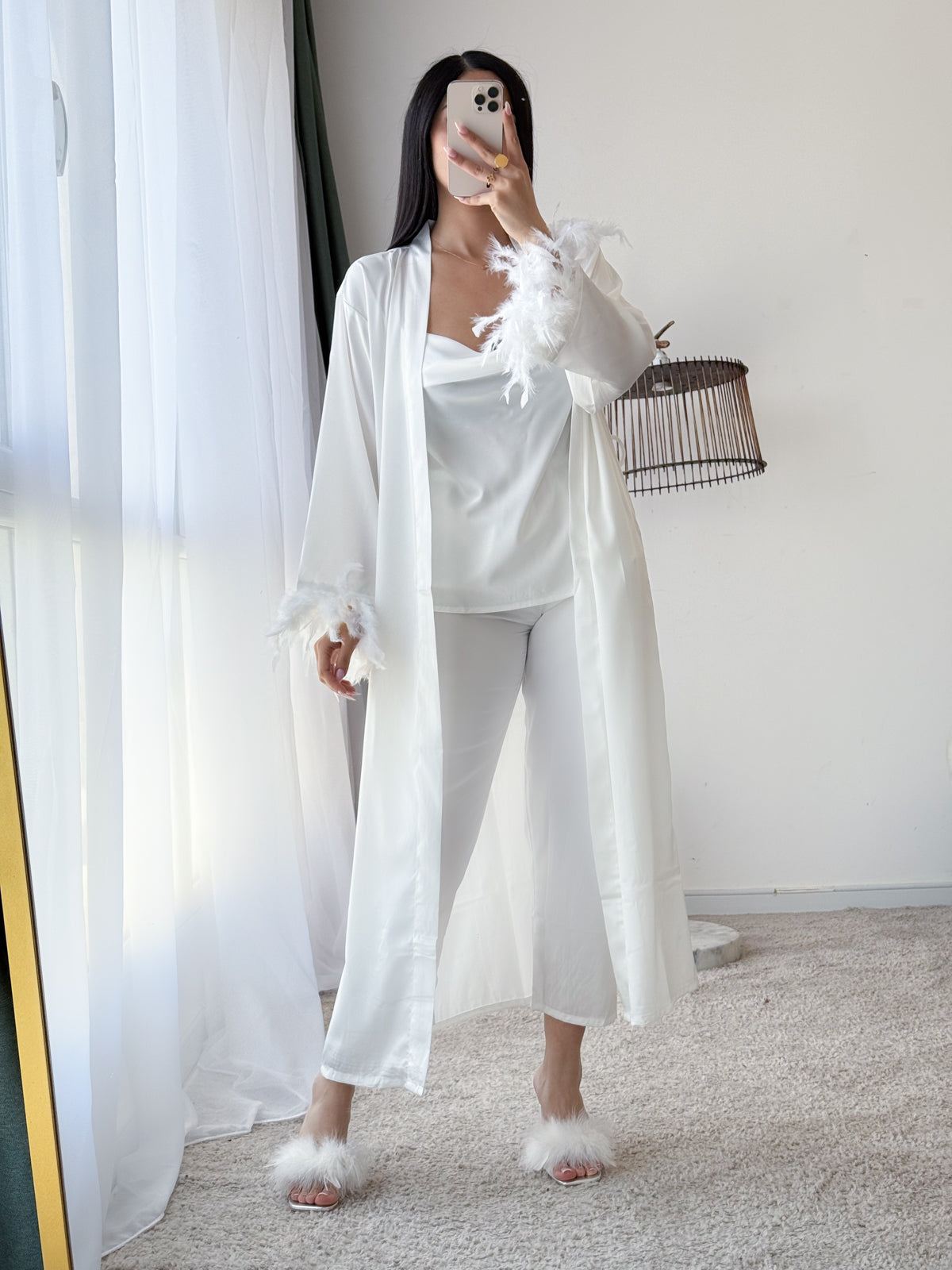 Ensemble 3 pièces bustier pantalon  PLUMES blanc RONA