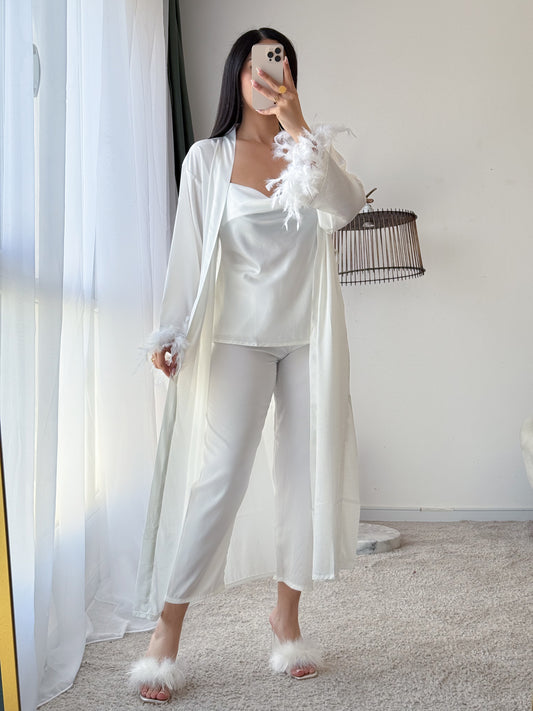 Ensemble 3 pièces bustier pantalon  PLUMES blanc RONA