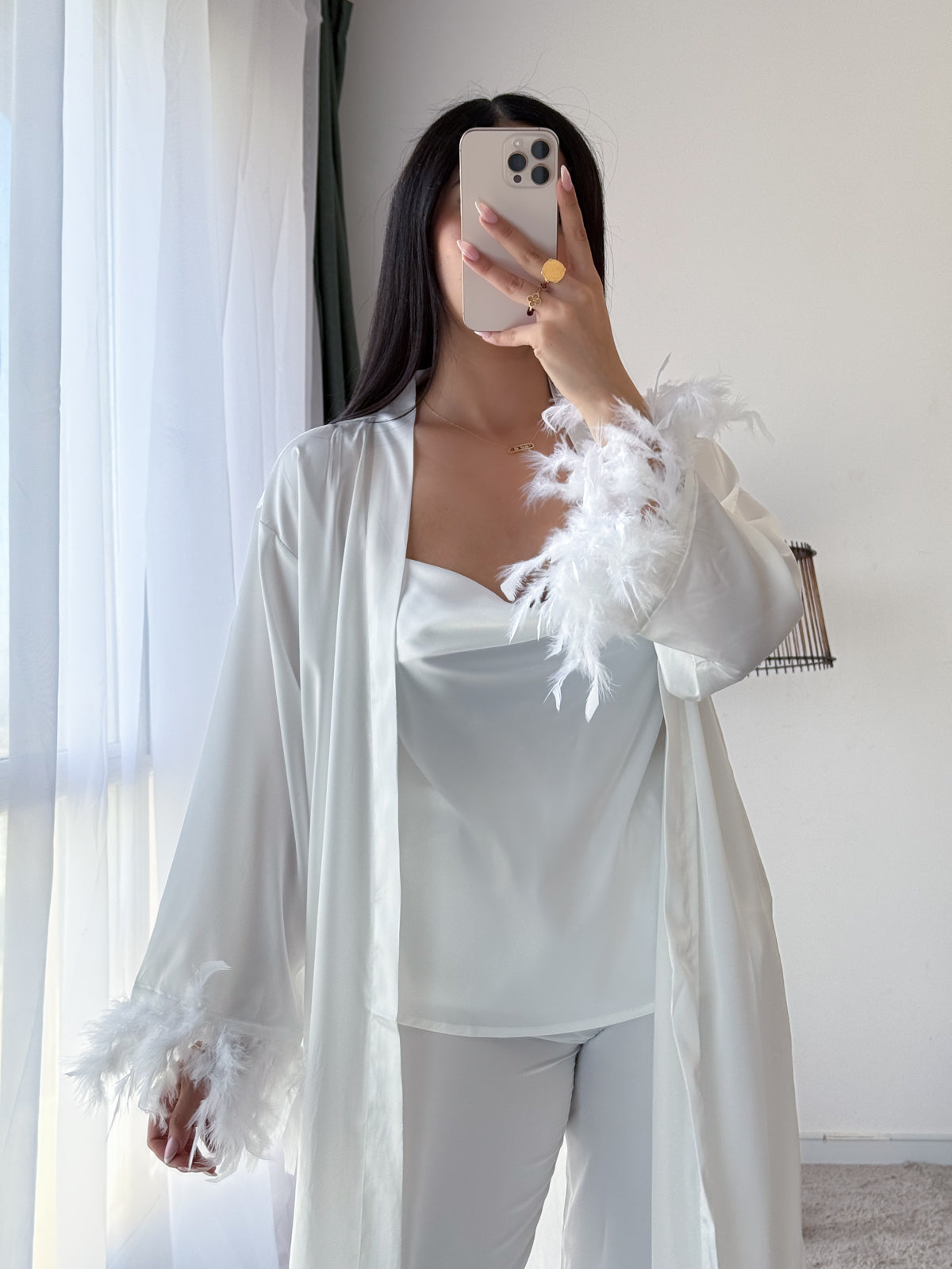 Ensemble 3 pièces bustier pantalon  PLUMES blanc RONA