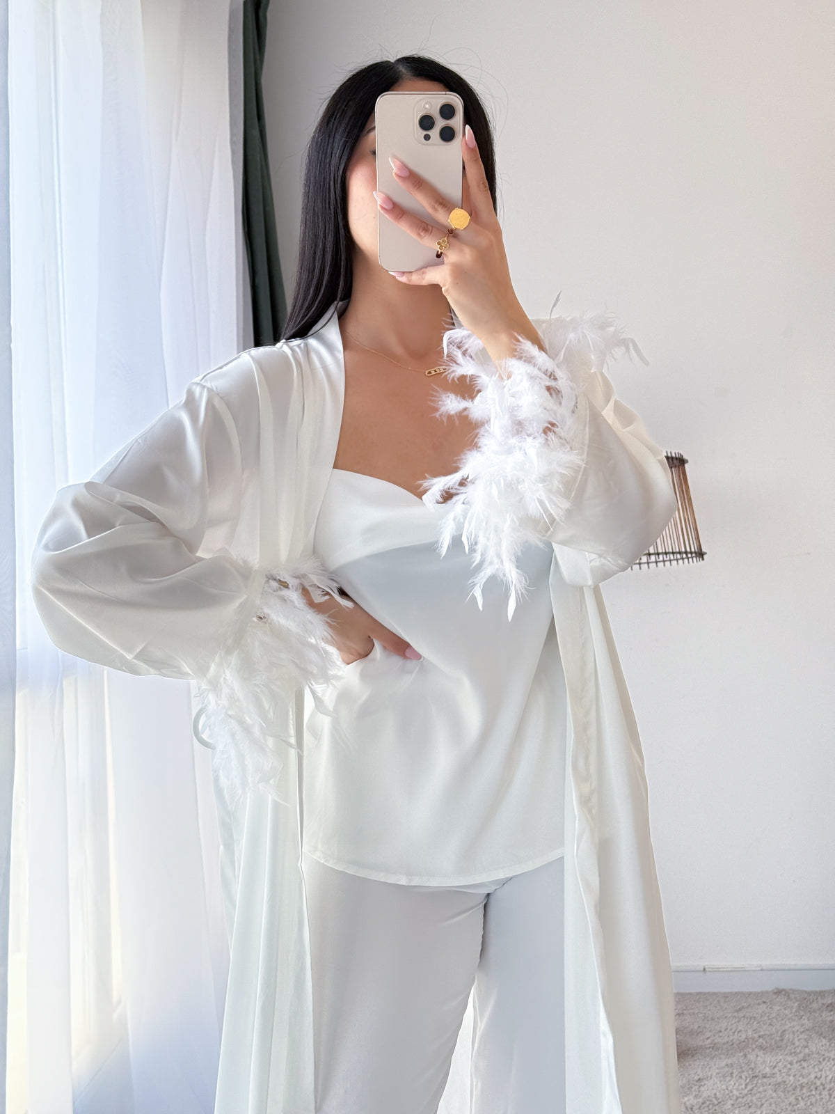 Ensemble 3 pièces bustier pantalon  PLUMES blanc RONA