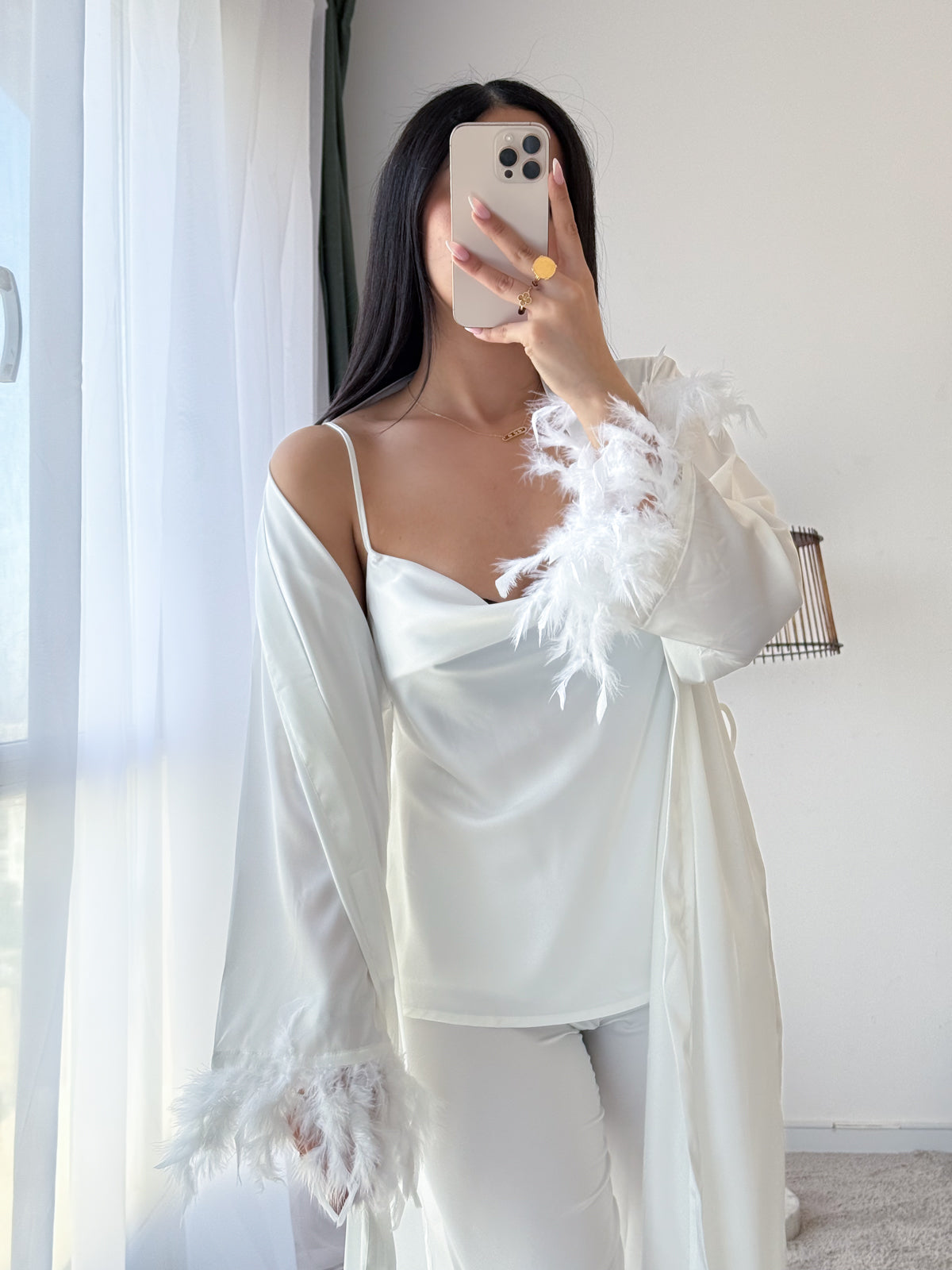 Ensemble 3 pièces bustier pantalon  PLUMES blanc RONA