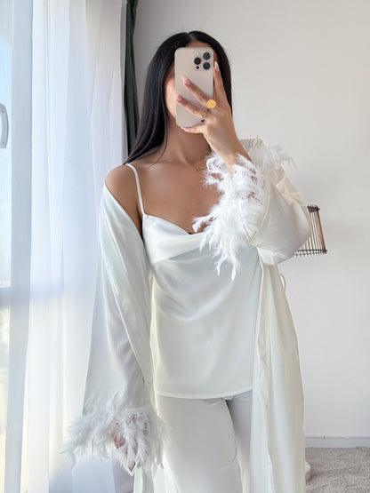 Ensemble 3 pièces bustier pantalon  PLUMES blanc RONA