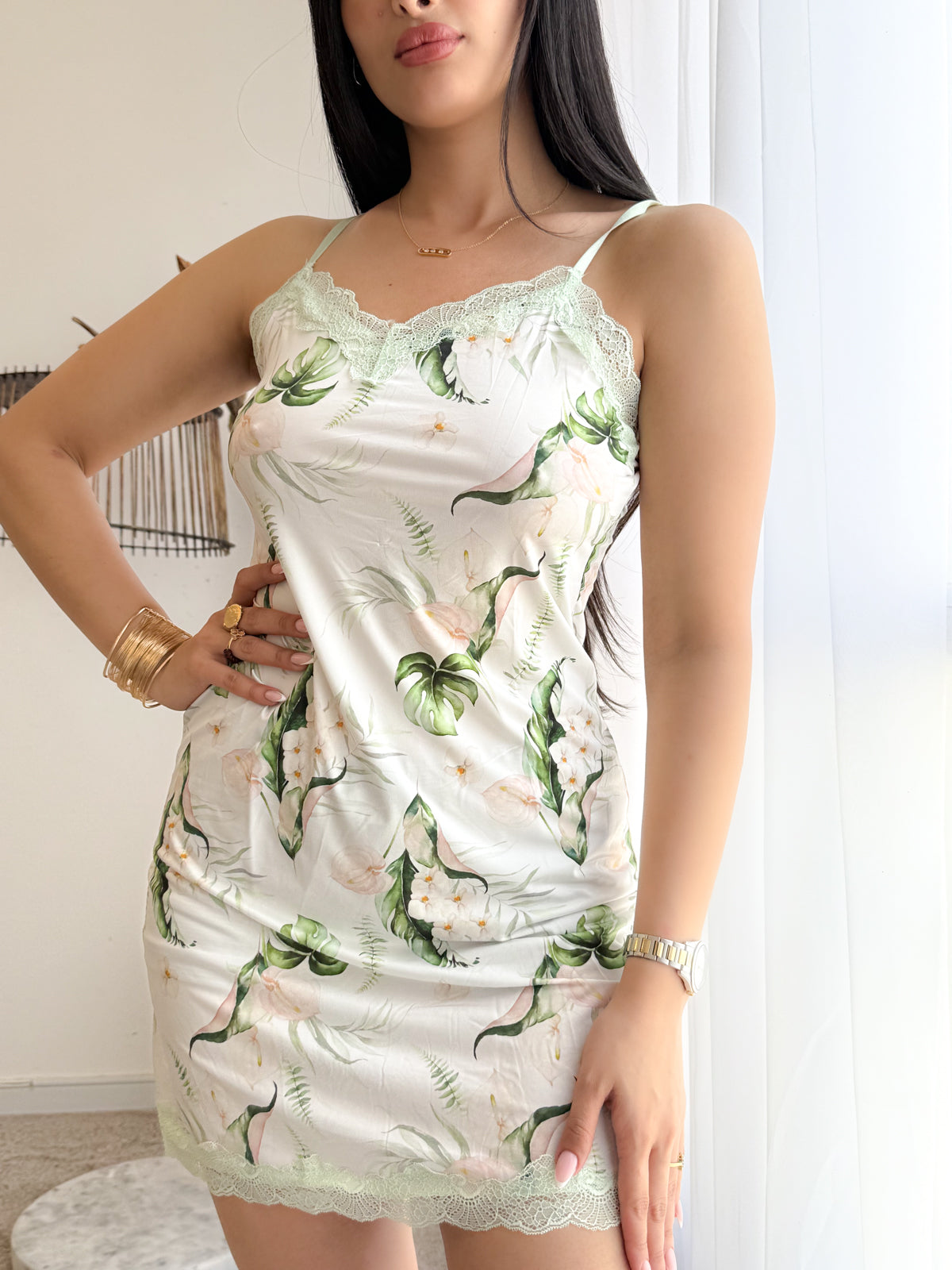 Nuisette dentelle blanc a fleur vert ALISE