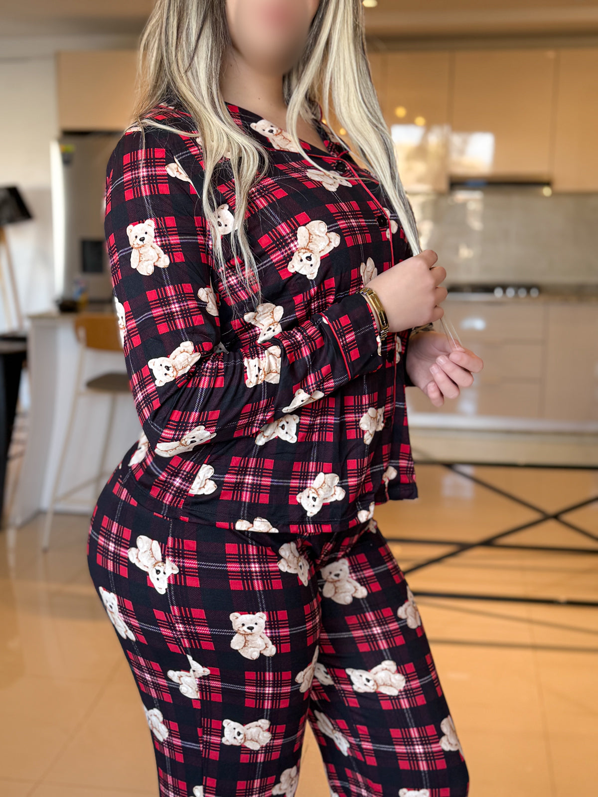 Pyjama manche long femme à carreaux rouge motif bear TUANA