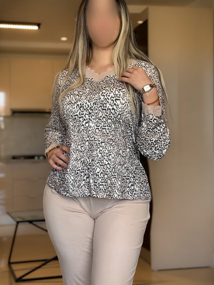 Pyjama manche long beige pantalon femme motif  léo SEYONA