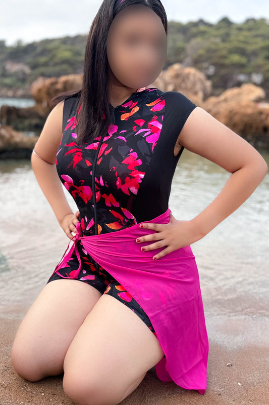 Maillot de bain 2 pièces combi noir a motif rose AZURE
