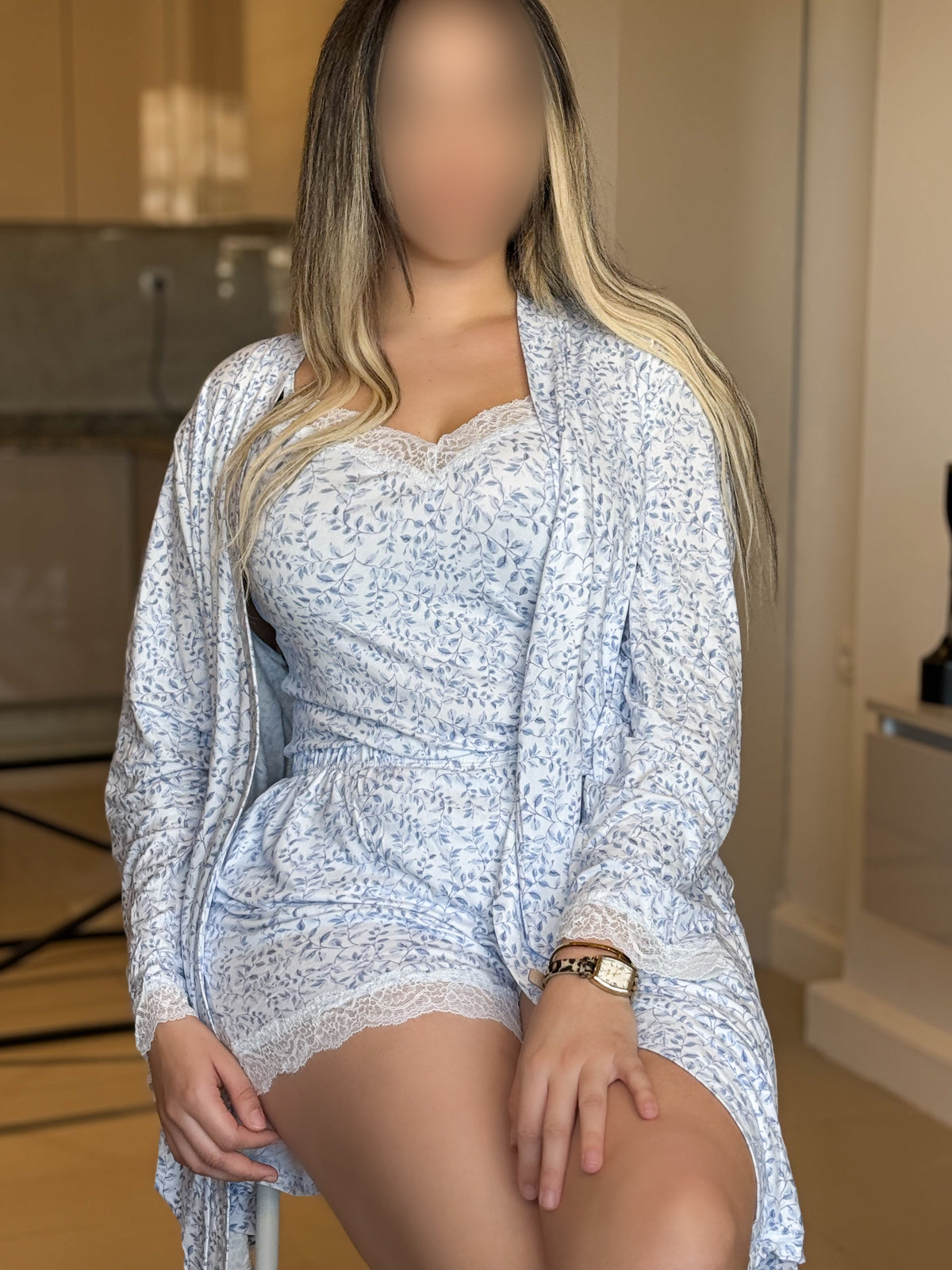 Pyjama manche long 3 pièces kimono bistier short bleu PINIA