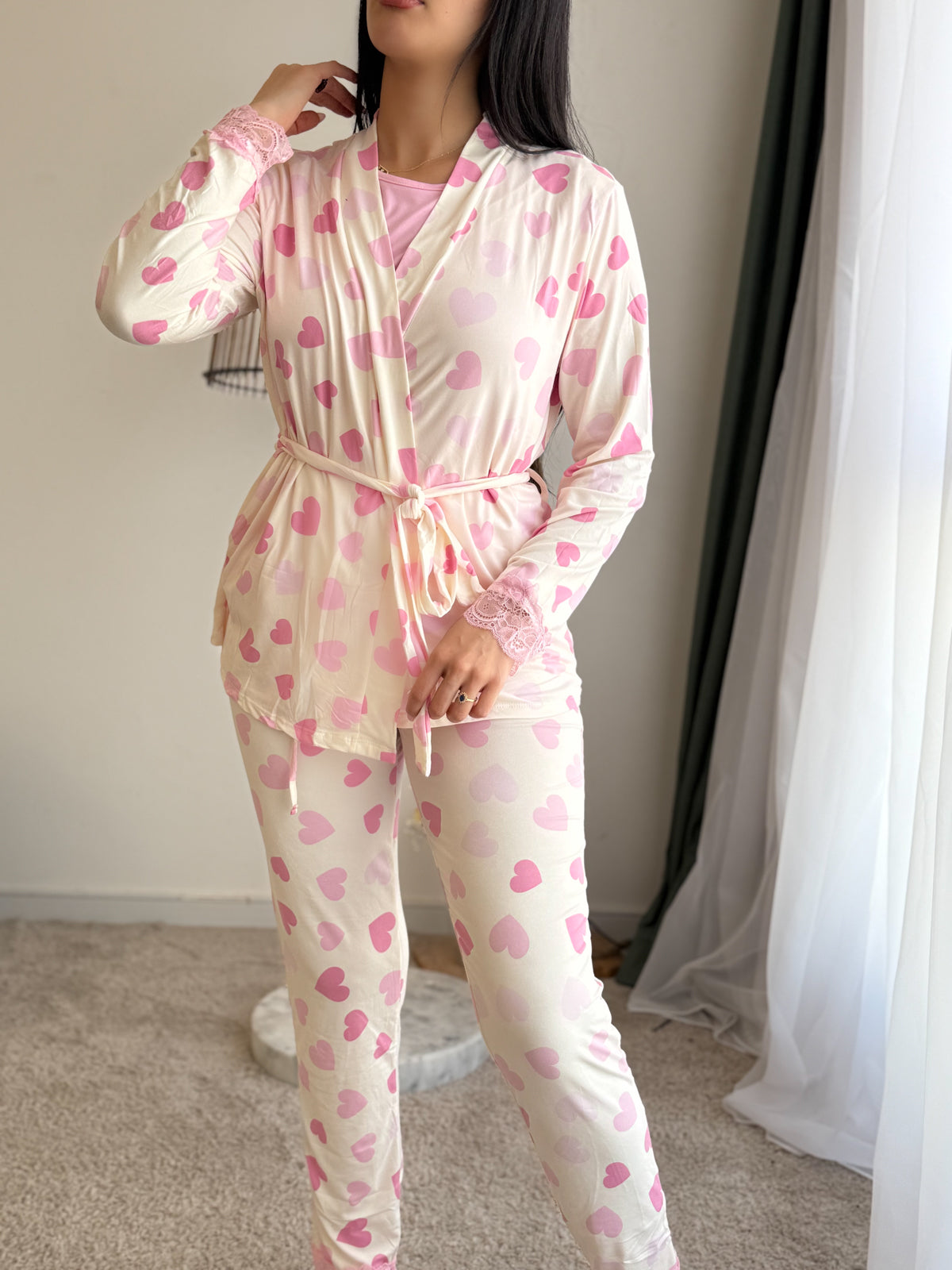 Ensemble 3 pièces blanc a motif coeur rose MERROU
