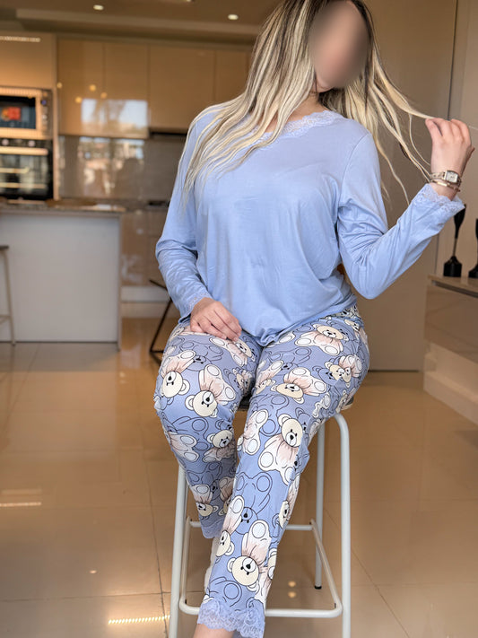 Pyjama manche long pantalon femme uni bleu PERONA