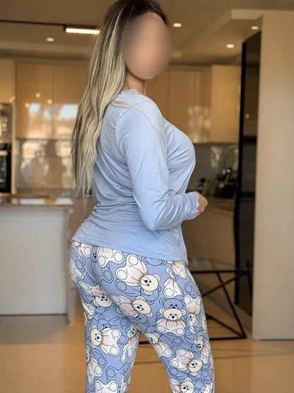 Pyjama manche long pantalon femme uni bleu PERONA