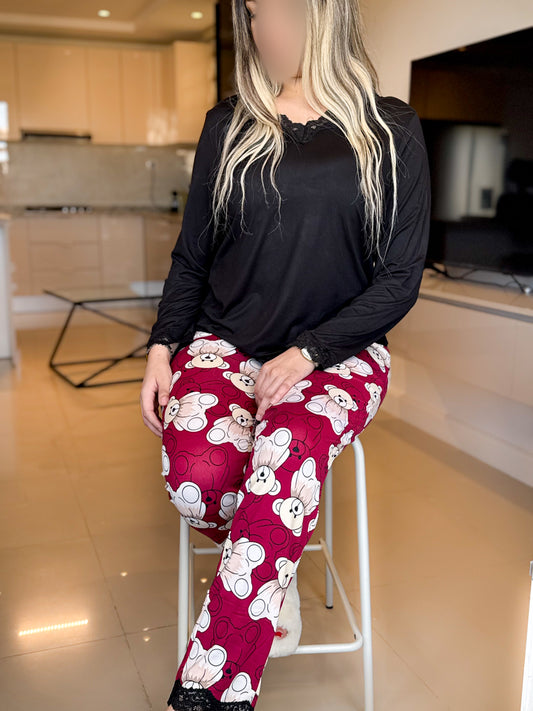 Pyjama manche long pantalon femme uni noir PERONA