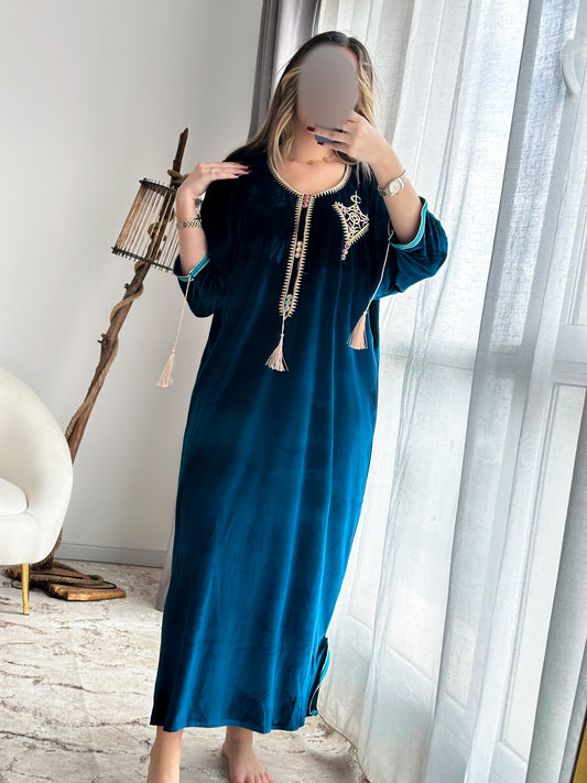 Robe d'hôtesse velours bleu vert DJANET