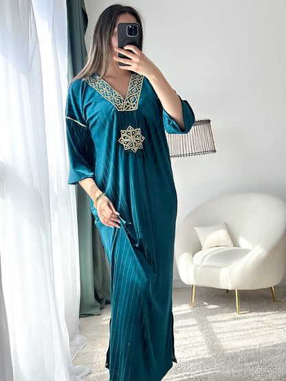 Robe d'hôtesse velours vert bleu SAMIRA