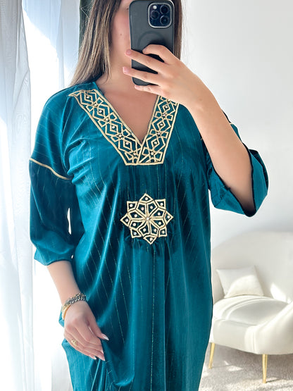 Robe d'hôtesse velours vert bleu SAMIRA