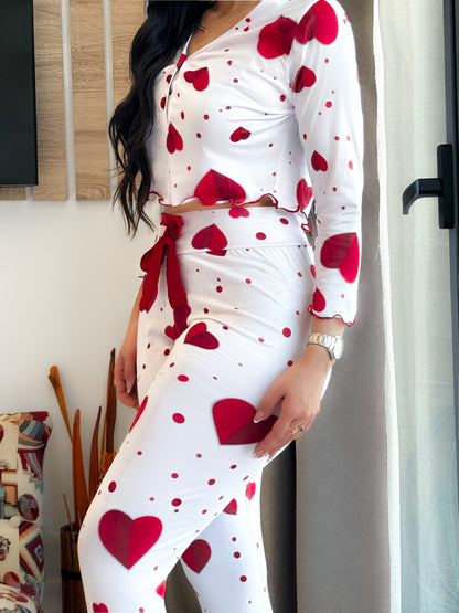 Pyjama manche long femme blanc a motif coeur rouge KARMEN