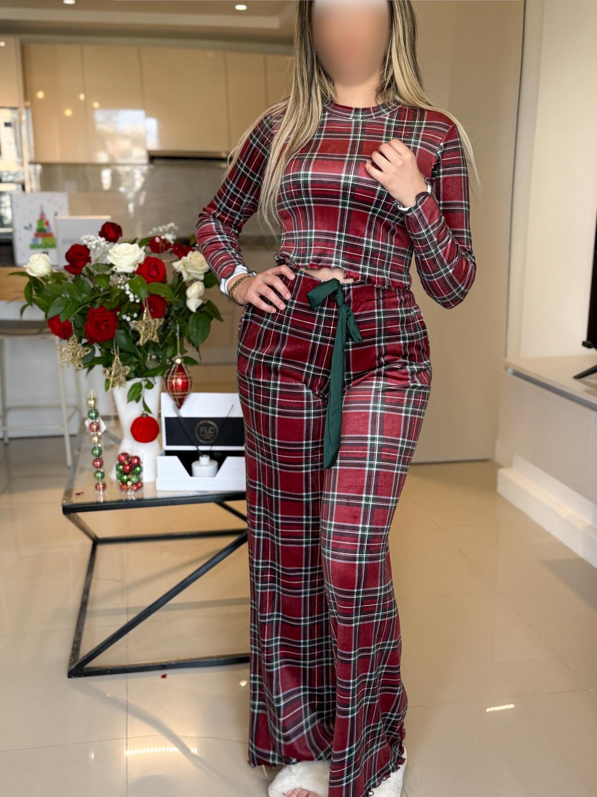 Pyjama patalon manche long à carreaux rouge vert femme REDLINE