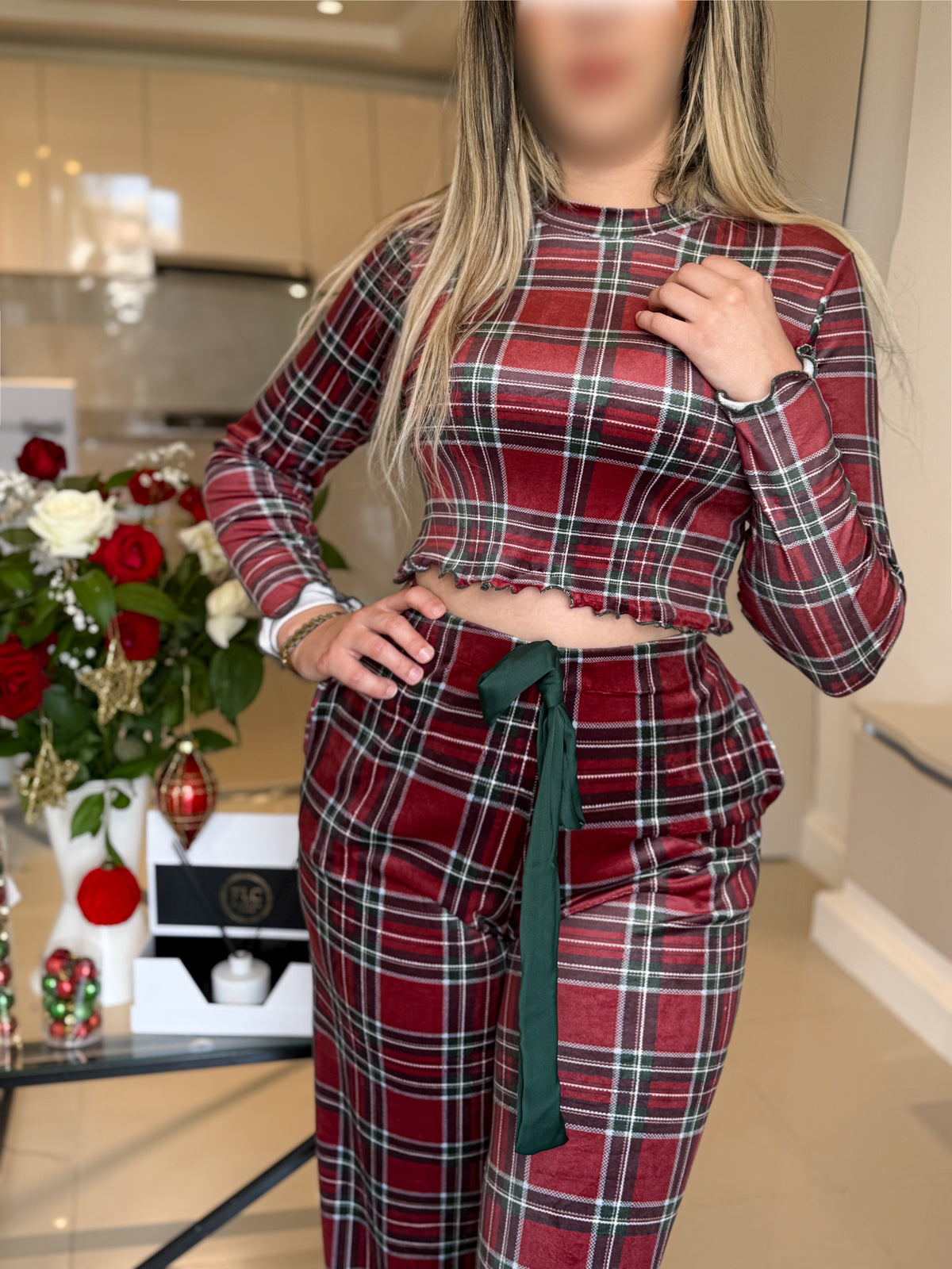 Pyjama patalon manche long à carreaux rouge vert femme REDLINE