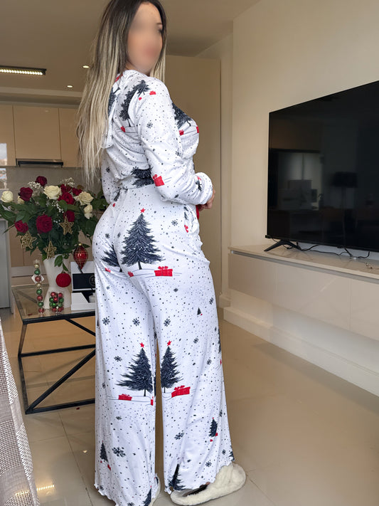 Pyjama capuche patalon manche long blanc femme motif forêt noire