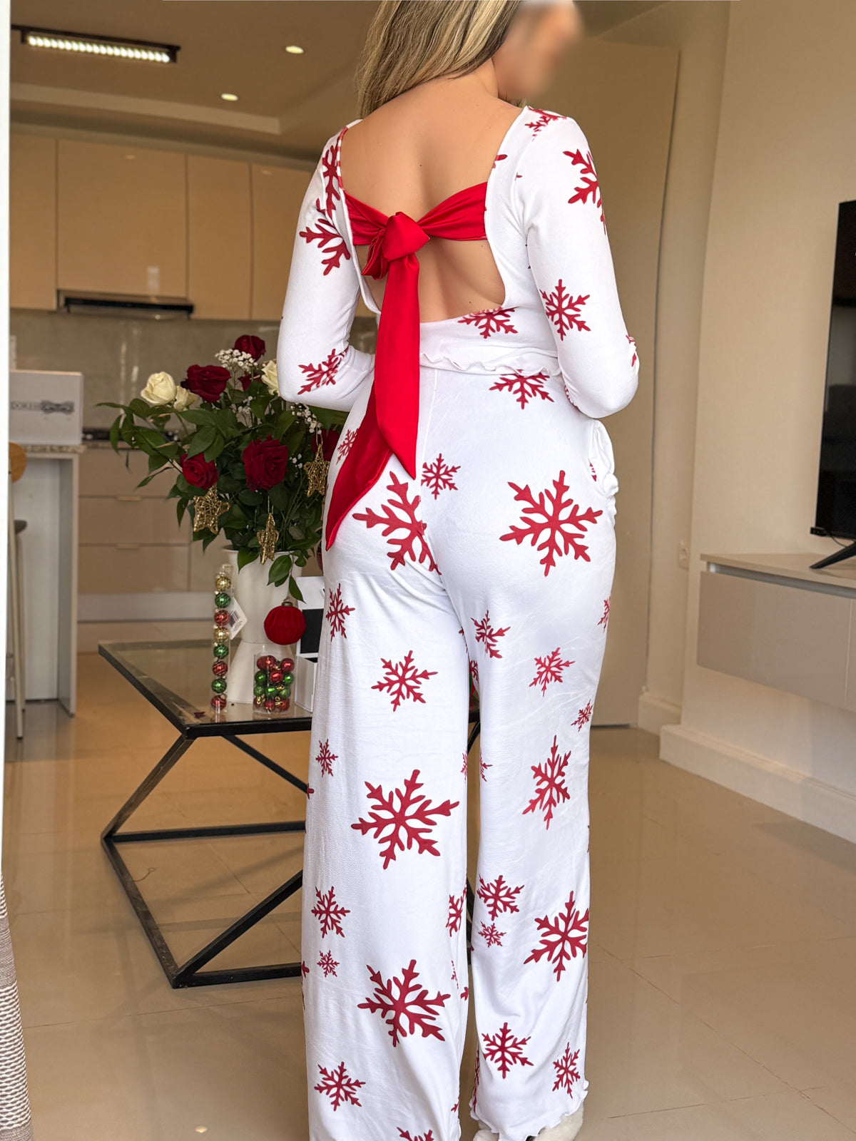 Pyjama patalon manche long blanc femme motif SNOW FLAKE