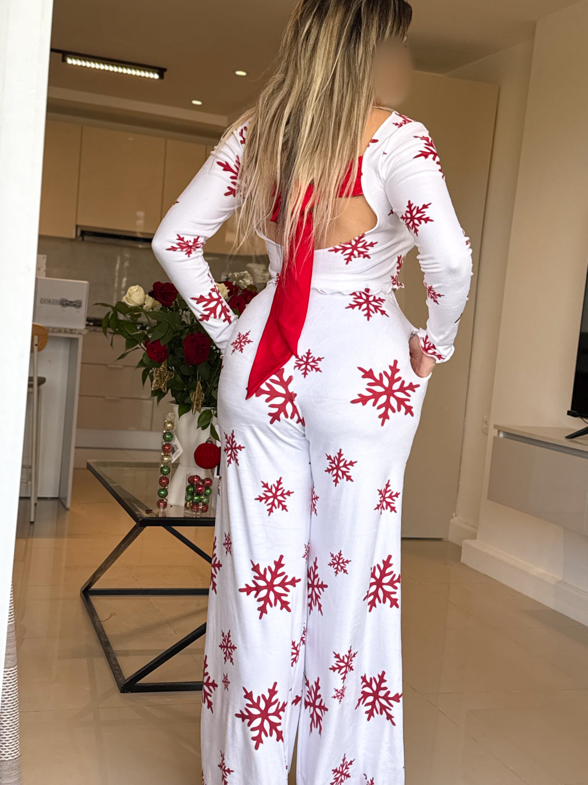 Pyjama patalon manche long blanc femme motif SNOW FLAKE