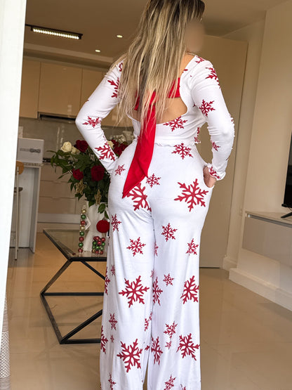 Pyjama patalon manche long blanc femme motif SNOW FLAKE