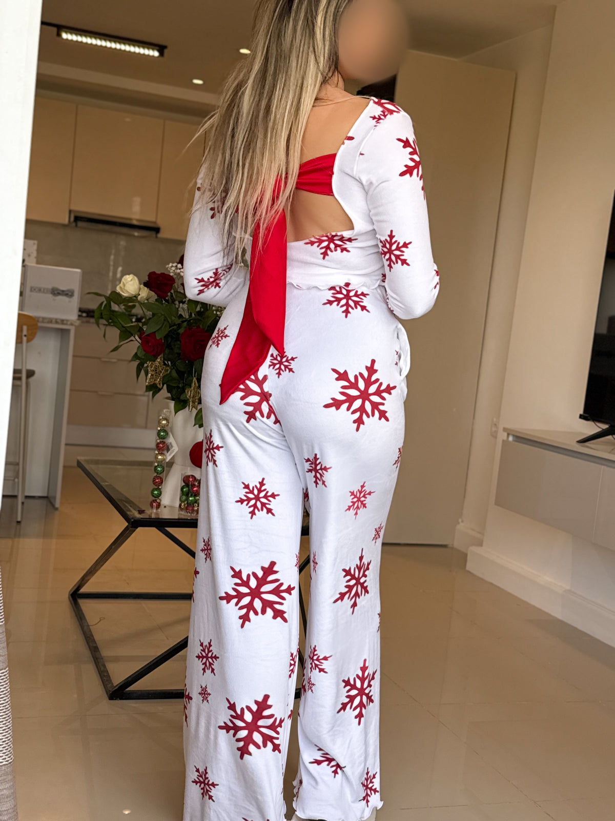Pyjama patalon manche long blanc femme motif SNOW FLAKE
