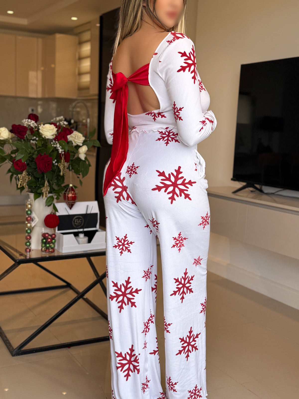 Pyjama patalon manche long blanc femme motif SNOW FLAKE