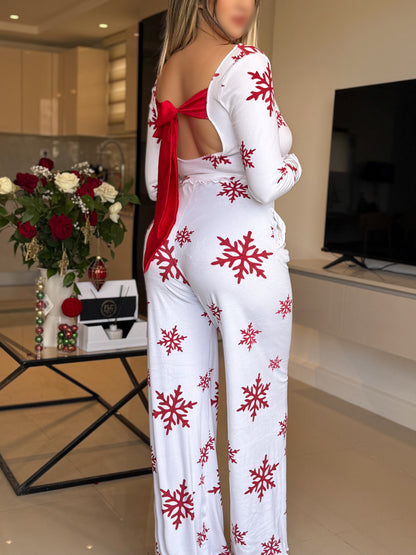 Pyjama patalon manche long blanc femme motif SNOW FLAKE